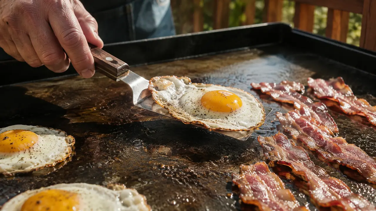Eggs and bacon cooking on a flat griddle, with a spatula lifting an egg in morning light.