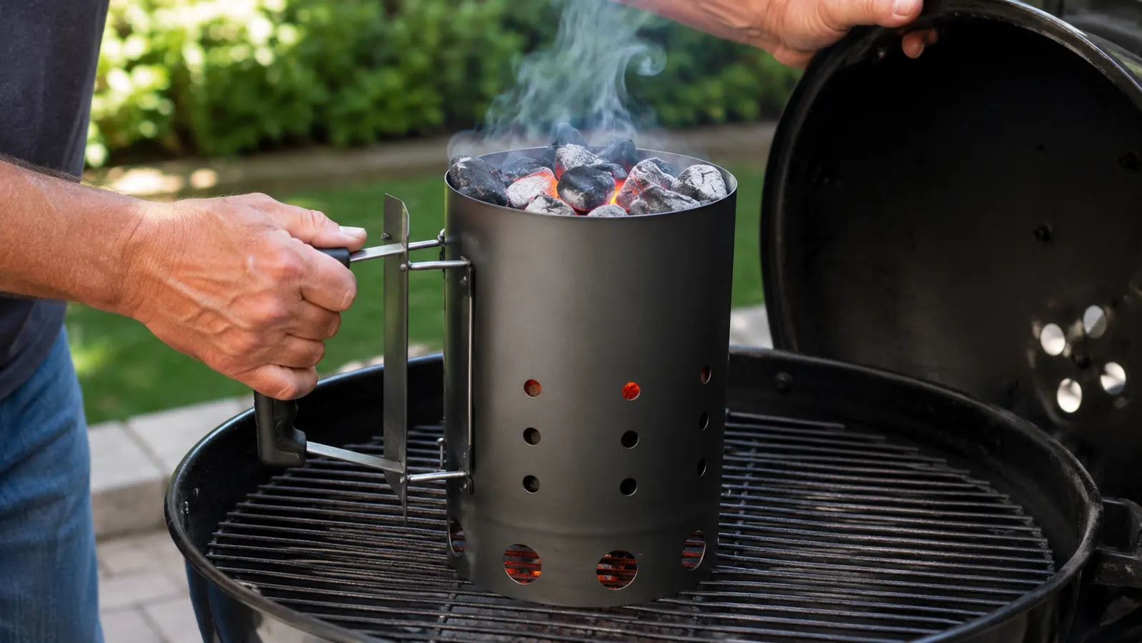 A charcoal chimney starter filled with lit charcoal on a metal grill grate, smoke rising