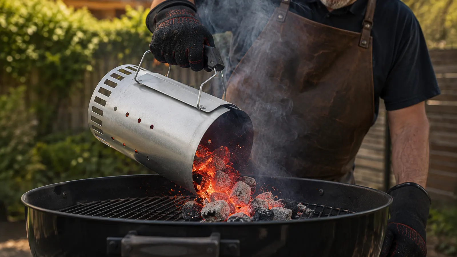 Hand in a heat resistant glove holding the handle of a charcoal chimney starter over a grill grate