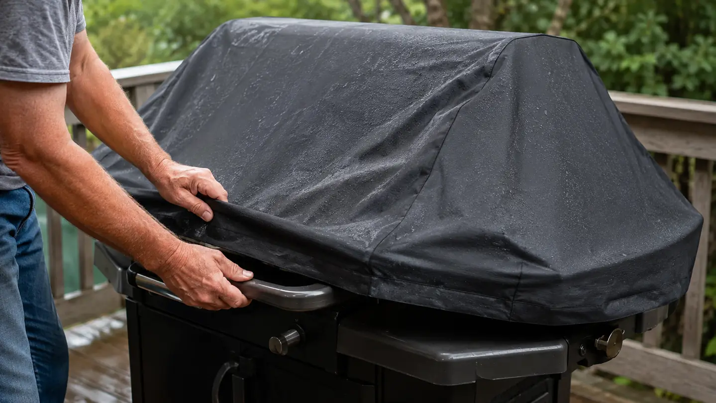 hands spreading a grill cover over a covered grill and adjusting the edge near the side shelf