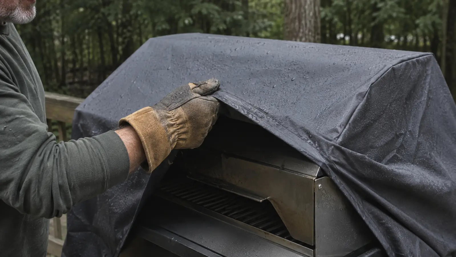 A hand in a work glove lifts the corner of a fitted grill cover to check the grill underneath after rain.
