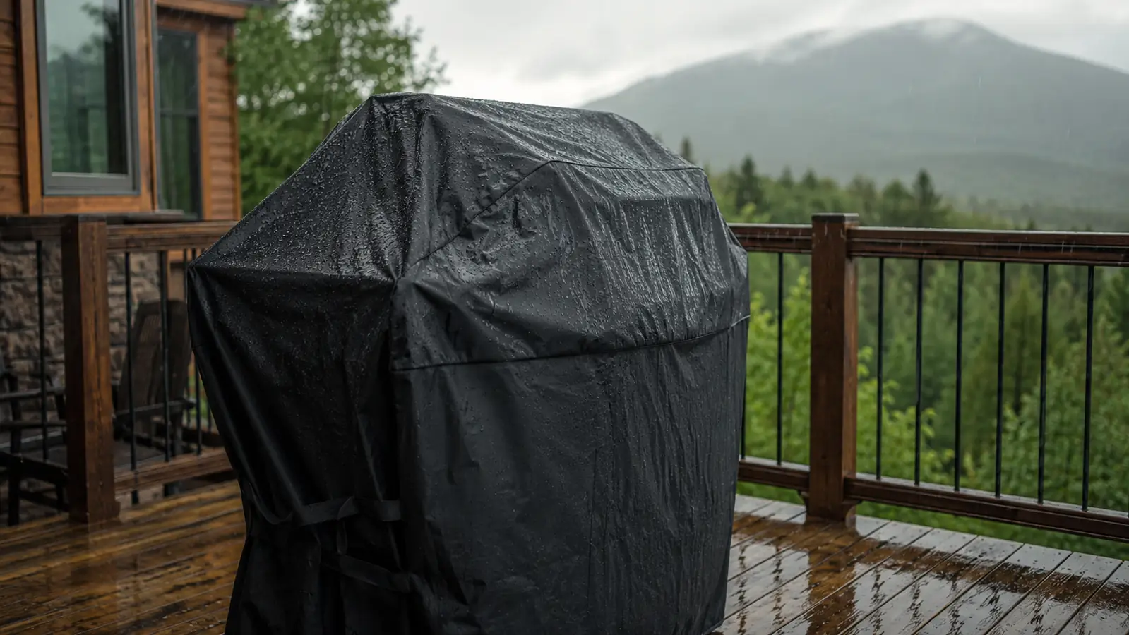 A covered grill in light rain, water beading on the fabric