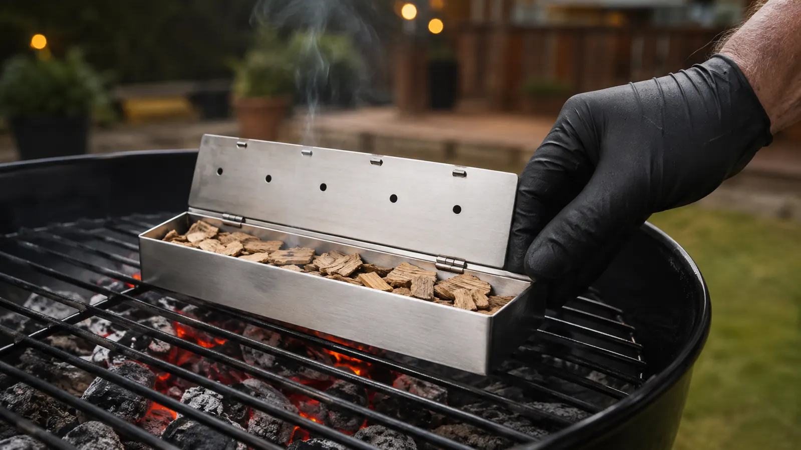 A gloved hand setting a filled smoker box onto the grate of an open charcoal grill