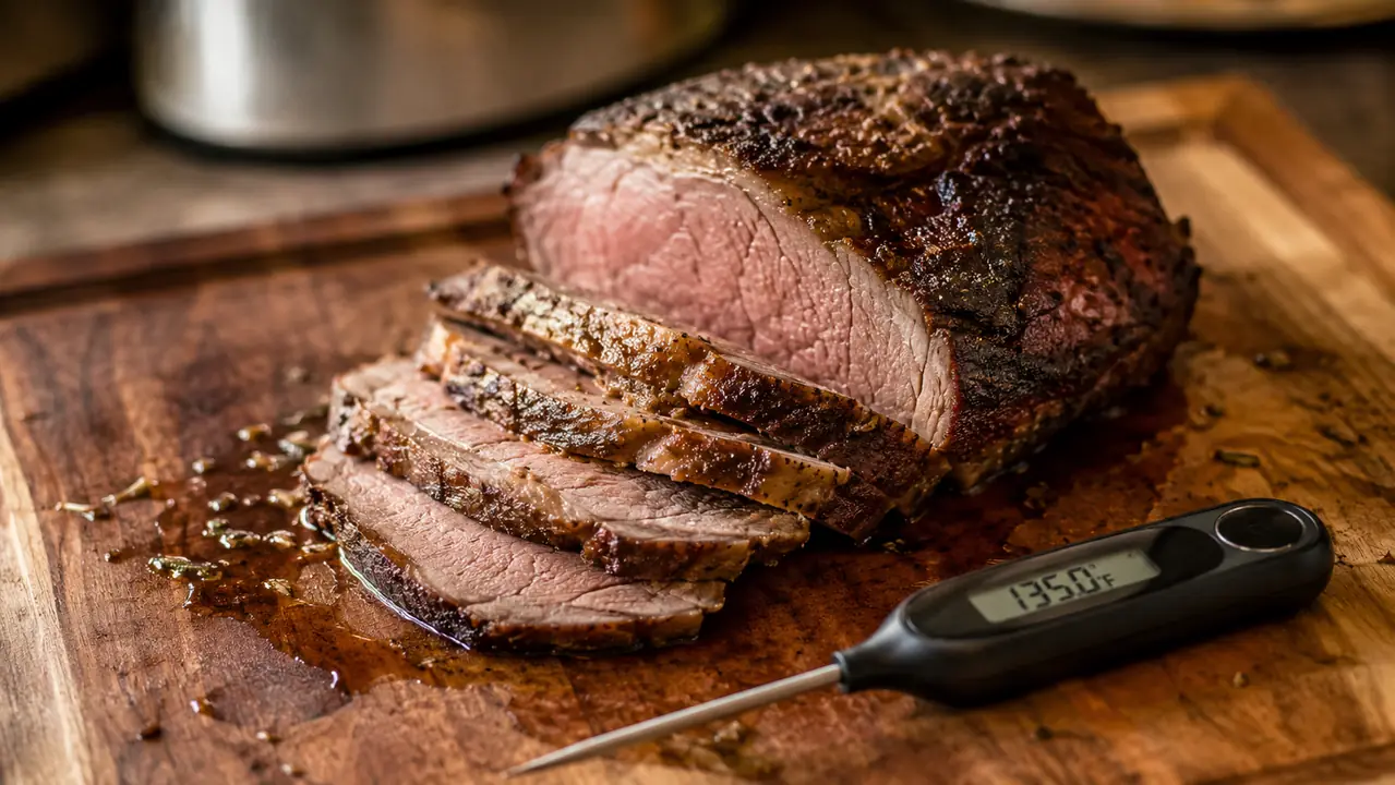Sliced roast resting on a wooden cutting board with a thermometer beside it