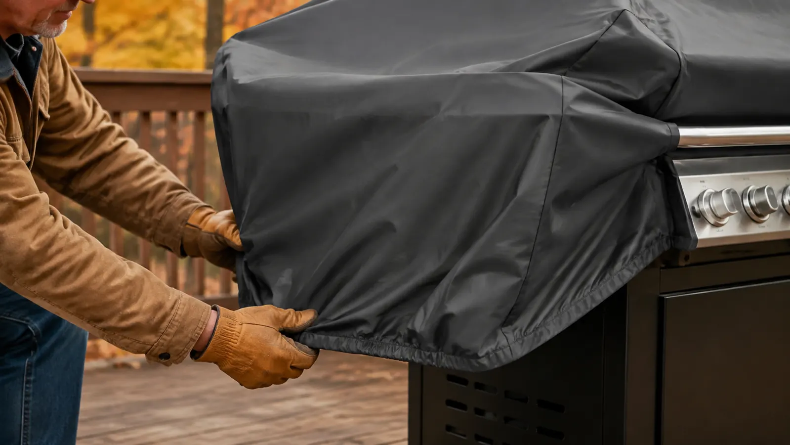 A gloved hand pulling a fitted grill cover down over a gas grill on a deck