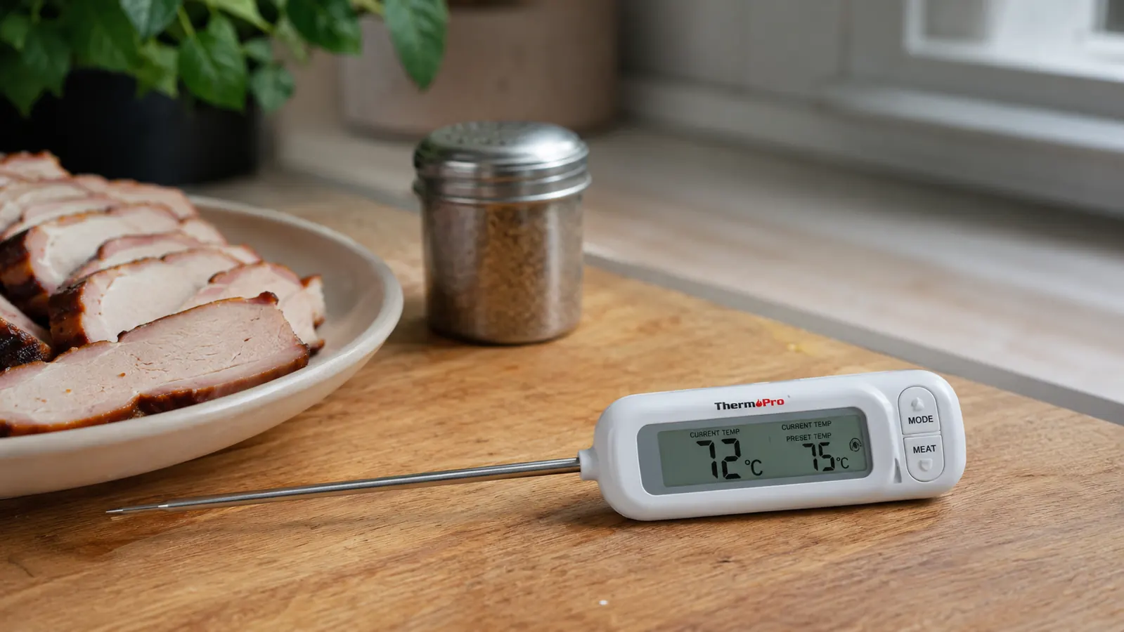 Instant-read thermometer on a kitchen counter next to a plate of sliced smoked chicken and a spice shaker.