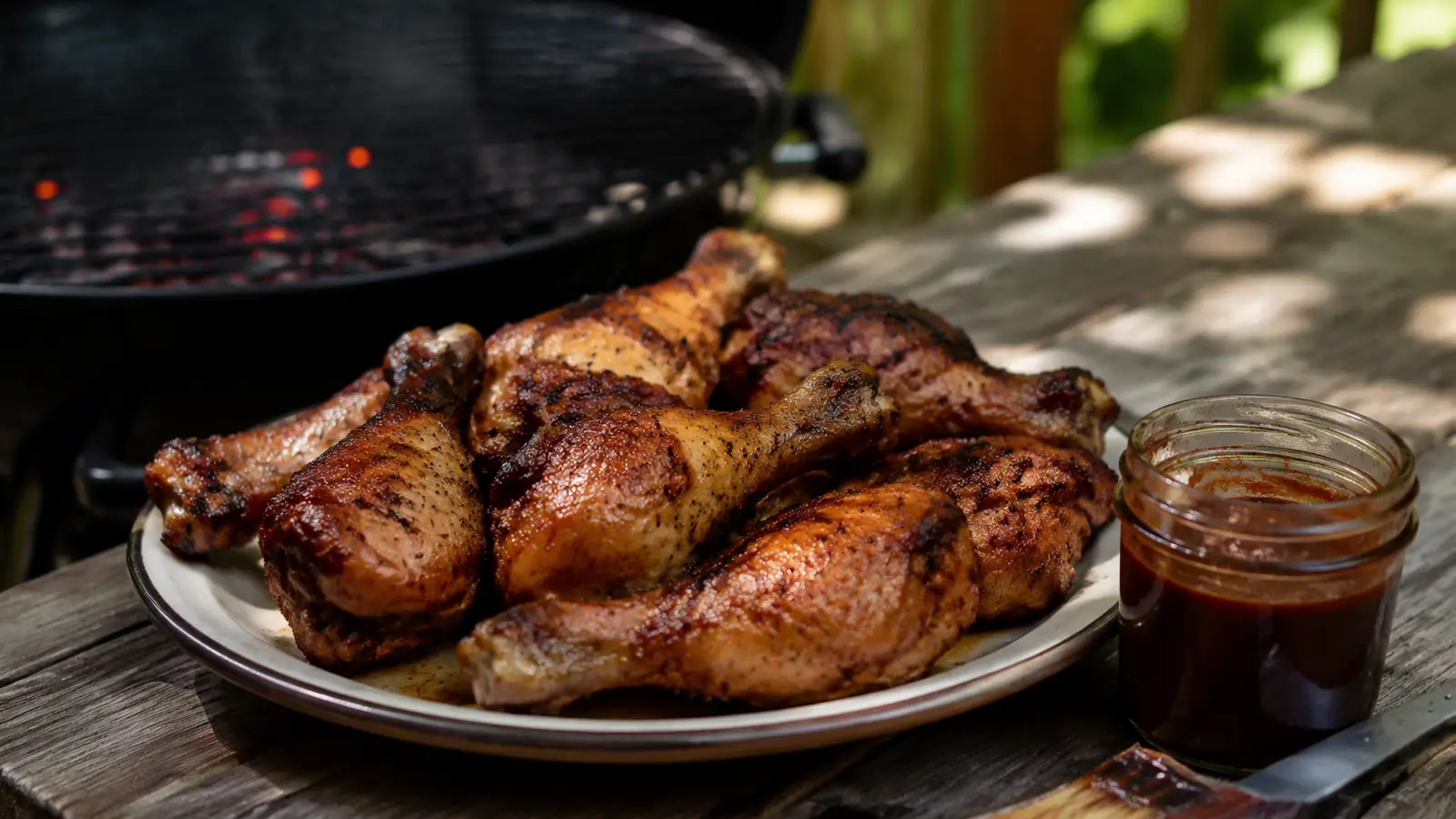A platter of chicken legs fresh off the grill with a light smoky color, set on a picnic table beside a small jar of sauce