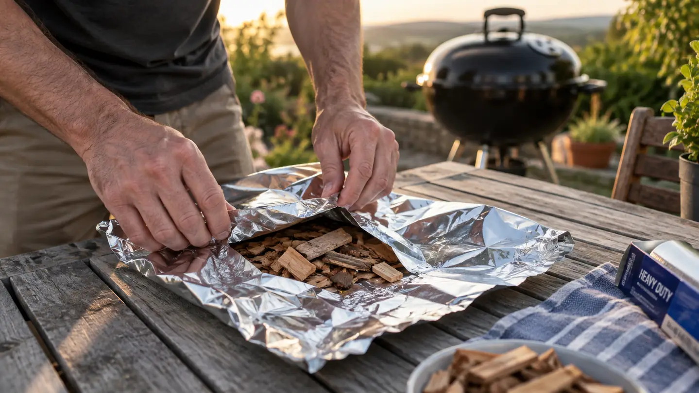 hands wrapping wood chips into a flat foil packet on a wooden table, a charcoal grill blurred behind