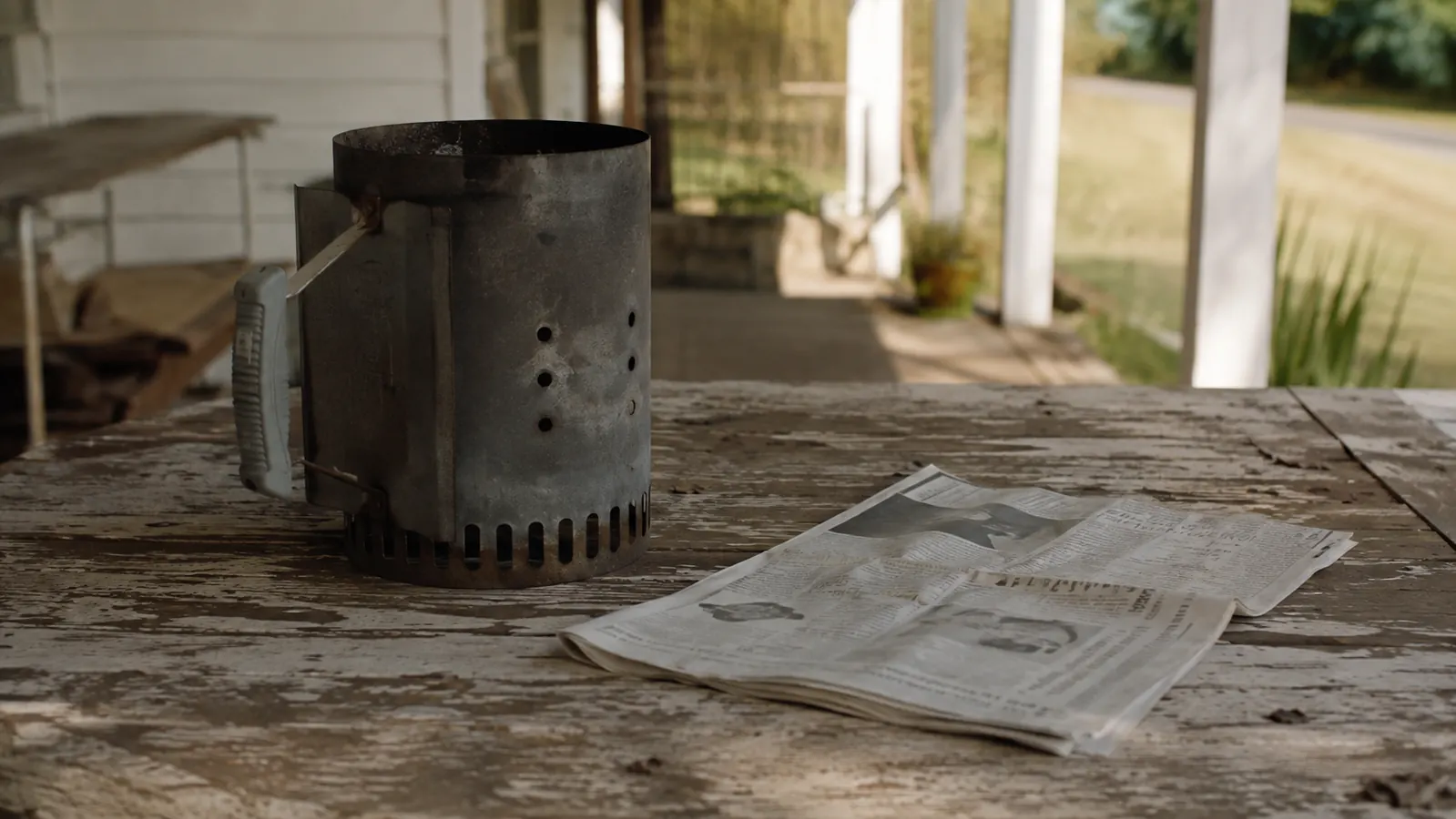 Charcoal chimney starter resting on a weathered outdoor table with a sheet of newspaper nearby, morning light