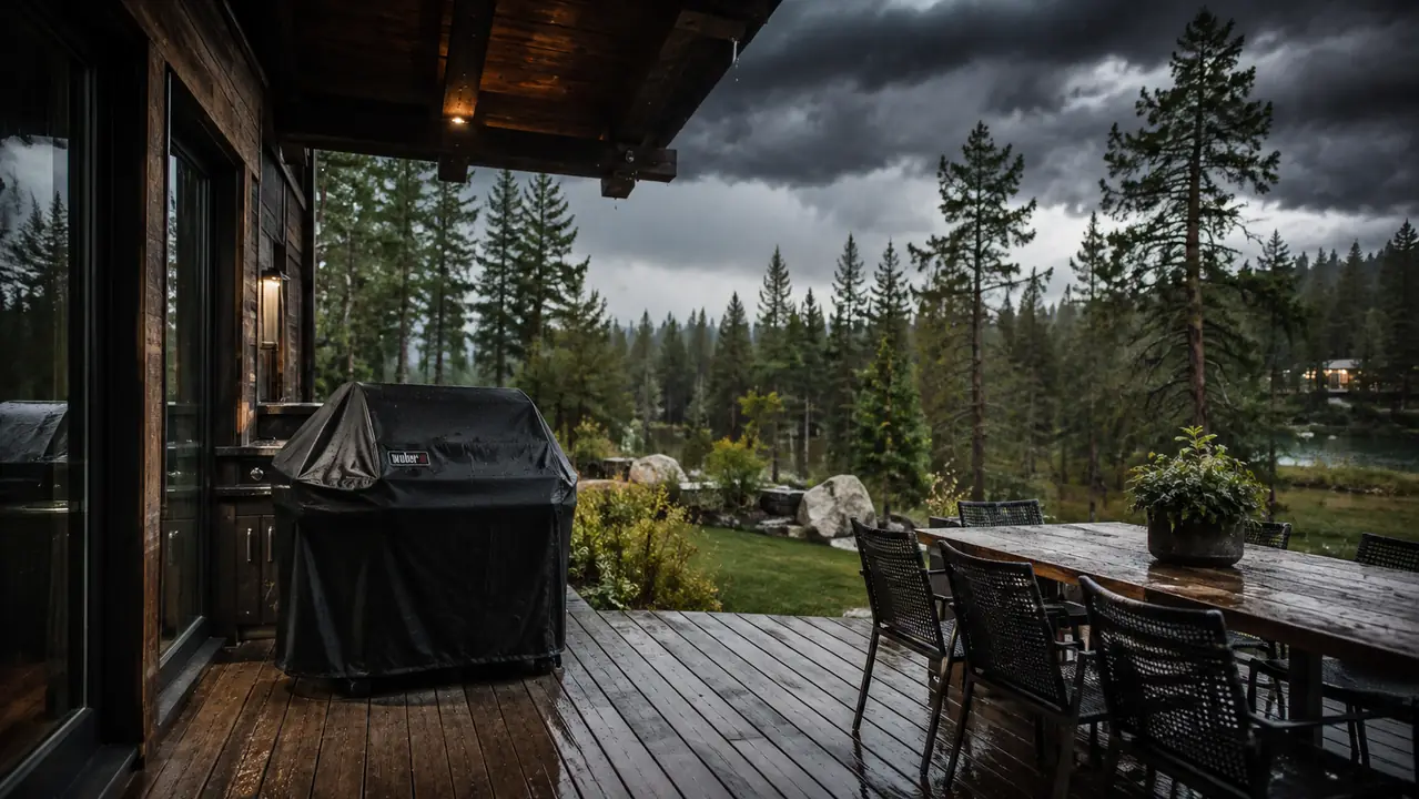 A covered outdoor cooker on a deck with storm clouds gathering above it.