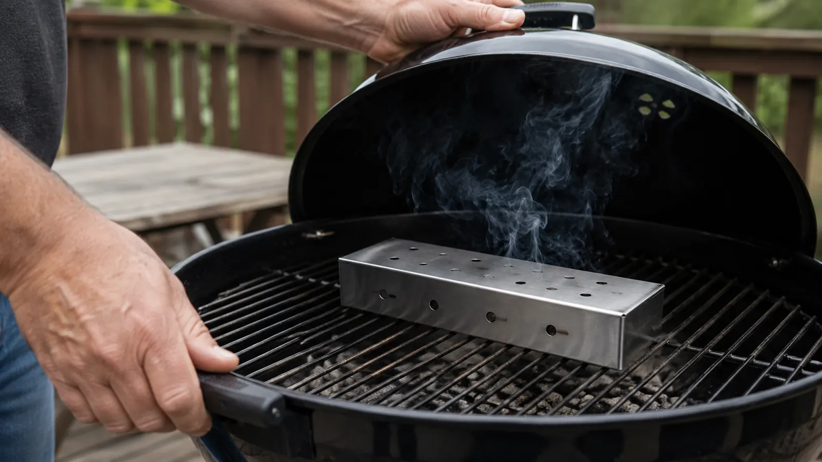 A wood chip smoker box sitting on an open charcoal grill grate with light smoke drifting upward.
